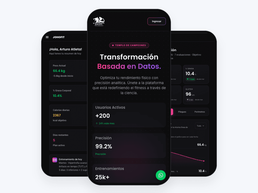 App JohoFit en tres pantallas: resumen diario, portada y evolución