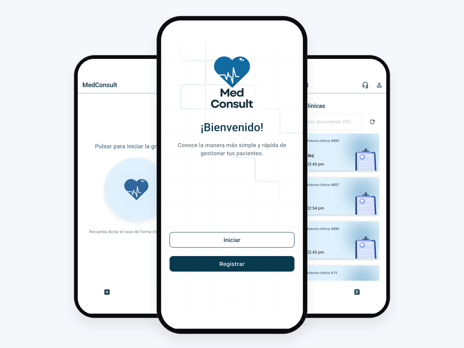 App MedConsult en tres pantallas: grabación de la consulta, bienvenida y listado de consultas