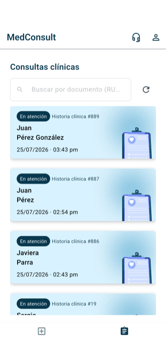 MedConsult, listado de consultas clínicas